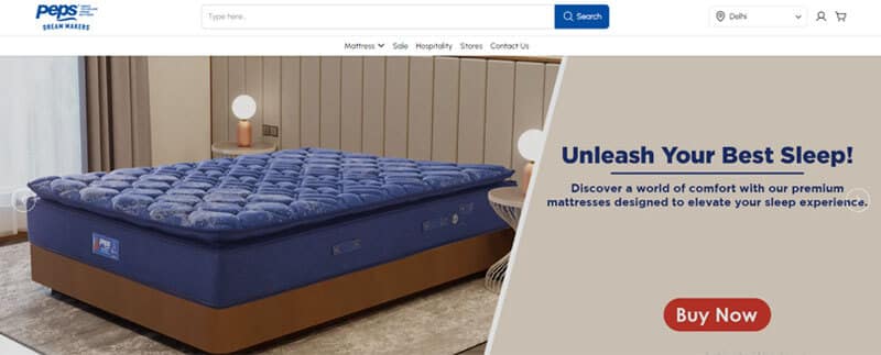 Luxury and functionality combined - tycoonstory | tycoonstory media Webpage showcasing a peps mattress with a blue quilted top on a wooden base, alongside a call-to-action promoting premium mattresses for better sleep