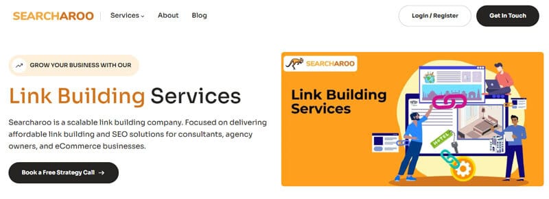Searcharoo - tycoonstory | tycoonstory media The image appears to show the homepage or promotional section of a company called searcharoo, which offers link building services as a link building provider
