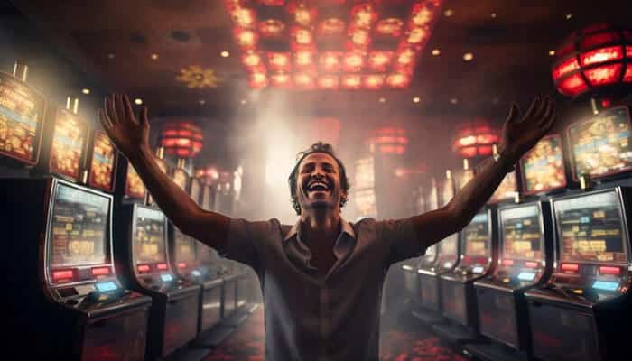 Sports games with a competitive edge - tycoonstory | tycoonstory media Man celebrating in a casino with slot machines lined up, showing the vivid trends in evoplay online game design.