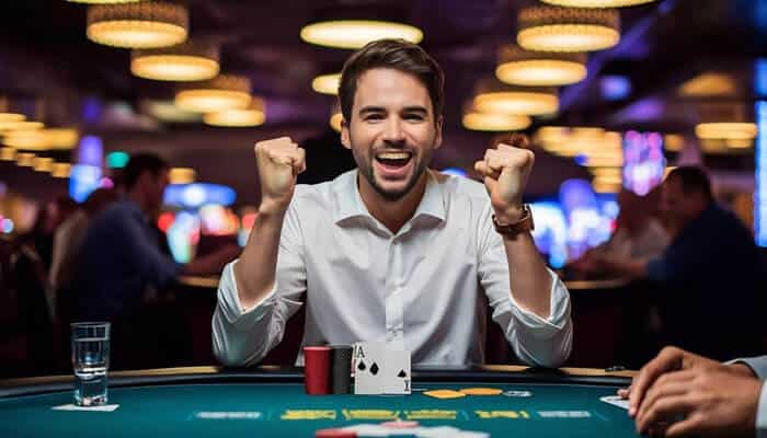 Strategies for successful gambling and betting - tycoonstory | tycoonstory media Man celebrating a win at a casino table, holding playing cards with a joyful expression, promoting online sites for betting tables, surrounded by vibrant casino lights.
