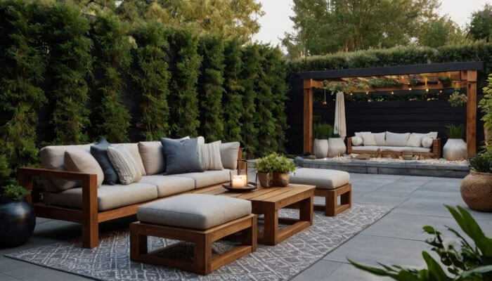 Think about functionality - tycoonstory | tycoonstory media Comfortable and stylish outdoor seating with wooden furniture, plush cushions, a patterned rug, and a pergola surrounded by lush greenery and string lights for a cozy ambiance