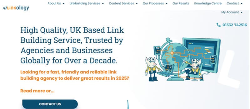 Uk linkology - tycoonstory | tycoonstory media Linkology homepage showcasing a uk-based link building service trusted by agencies and businesses globally for over a decade. Highlights a fast, reliable link building agency for 2025 with a contact us button and illustrated visuals of global connections