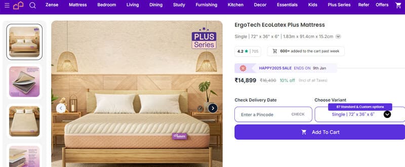 Wakefit ergotech ecolatex plus mattress - tycoonstory | tycoonstory media The image shows an ergotech ecolatex plus mattress priced at ₹14,899, with size options, a 4. 2-star rating, and a wooden bedroom setup.
