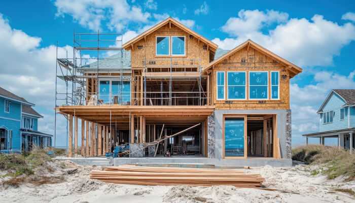 Account for waste and contingencies - tycoonstory | tycoonstory media Building materials for custom home projects – a custom home under construction with scaffolding, wooden framing, and construction materials on-site.