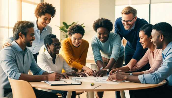 Building a diverse and inclusive work environment - tycoonstory | tycoonstory media Carlos alexandre rozwadowski – a diverse team collaborating around a table, emphasizing cultural awareness and teamwork in business success