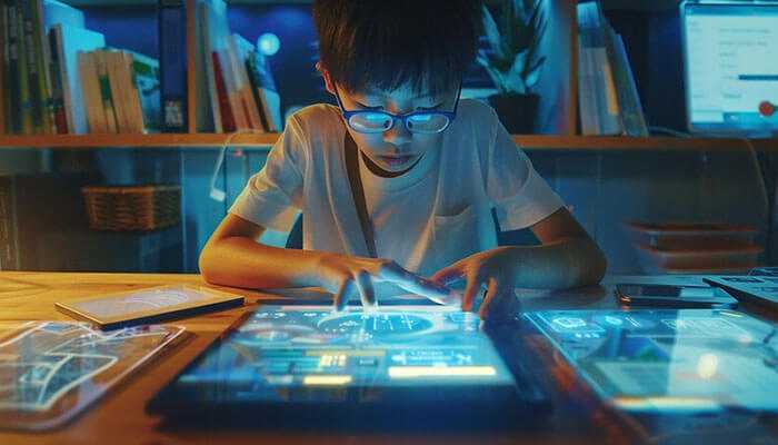 Coding as a tool for improving math and science skills - tycoonstory 1 | tycoonstory media A young boy learning coding skills for youngsters on a futuristic touchscreen interface