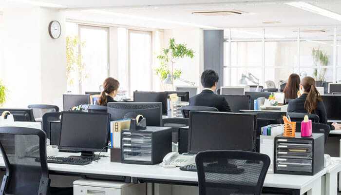 Cost-effective office spaces- tycoonstory | tycoonstory media A modern, well-lit office in hsr layout with employees working at organized desks in a professional setting.