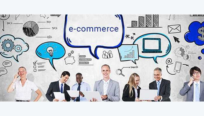 Ecommerce services - tycoonstory | tycoonstory media Business professionals collaborating on e-commerce operations with expert services, with digital icons and charts symbolizing online business growth