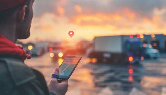 Expertise as a competitive advantage in tough markets - tycoonstory | tycoonstory media Person using a smartphone navigation app in a busy freight yard at sunset, symbolizing freight navigation challenges.