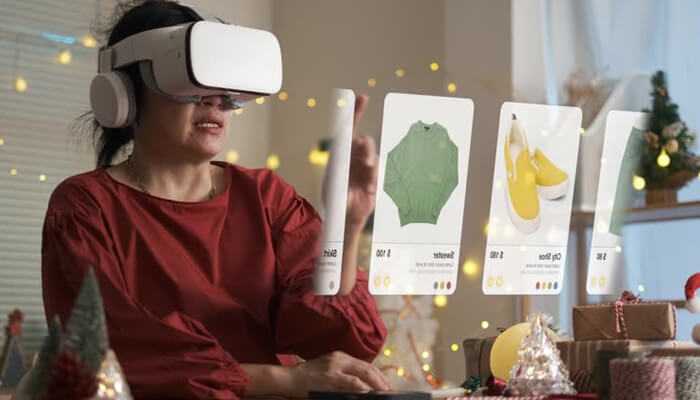 Integration of augmented reality- tycoonstory | tycoonstory media Woman using virtual reality glasses to interact with business listings in digital marketing.