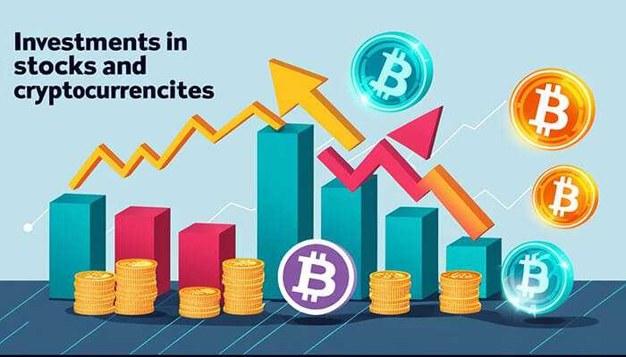 Investments in stocks and cryptocurrencies - tycoonstory | tycoonstory media The image illustrates investments in stocks and cryptocurrencies with graphs, bitcoin symbols, and coins, focusing on dave portnoy net worth.