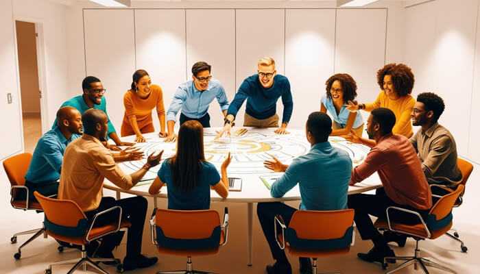 Master decision-making and problem-solving - tycoonstory | tycoonstory media Grow your management expertise – diverse business team engaged in a dynamic and collaborative meeting around a conference table.