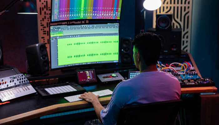 Monetizing your music - tycoonastory | tycoonstory media Musicians entrepreneurial journey -musician working on audio production in a professional recording studio with advanced sound equipment and editing software.