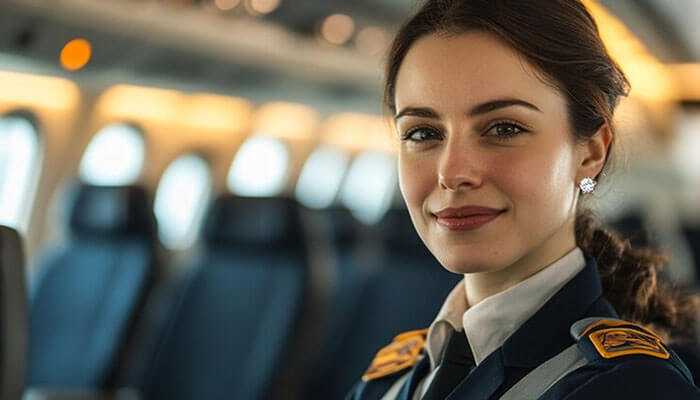 A professional female airline crew member wearing stud earrings and a formal uniform, standing inside an airplane cabin with a confident smile