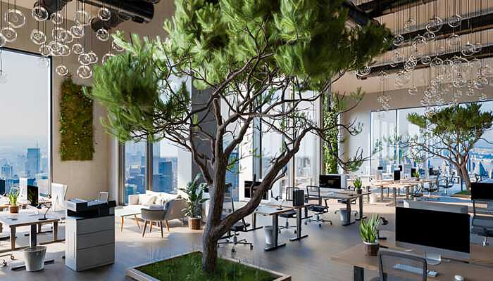 Transform your office into a green haven - tycoonstory 1 | tycoonstory media Sustainable workplaces – modern eco-friendly office with natural greenery, large windows, and sustainable design elements.