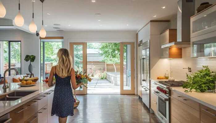 Why choose sengled dual mode smart lights - tycoonstory | tycoonstory media A modern kitchen with wooden cabinets, stainless steel appliances, and pendant lighting, where a woman in a blue dress walks towards large glass doors leading to a bright outdoor space.
