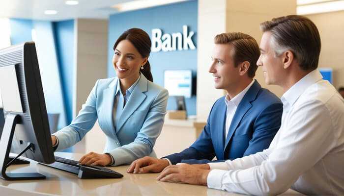 Are money back policies worth the investment - tycoonstory | tycoonstory media Bank representative assisting two male clients while discussing financial plans and money back policies at a modern bank branch.