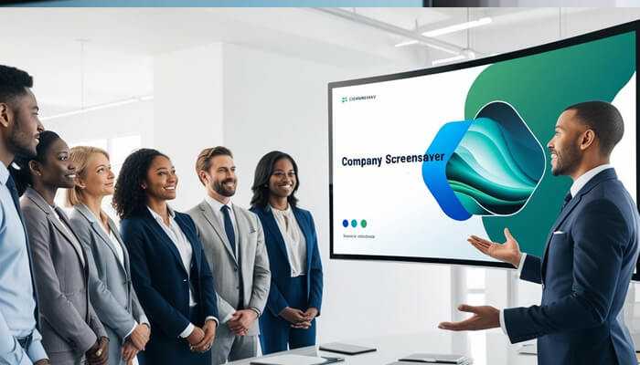 Boosting engagement with visual and dynamic content - tycoonstory | tycoonstory media A professional team attentively listening to a presenter showcasing a company screensaver on a large display, highlighting its role in enhancing employee communication and engagement.