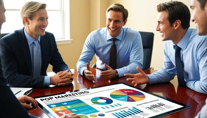 Challenges and considerations of pop marketing - tycoonstory | tycoonstory media Business professionals discussing pop marketing strategies with data charts and analytics displayed on a digital screen in a meeting room.