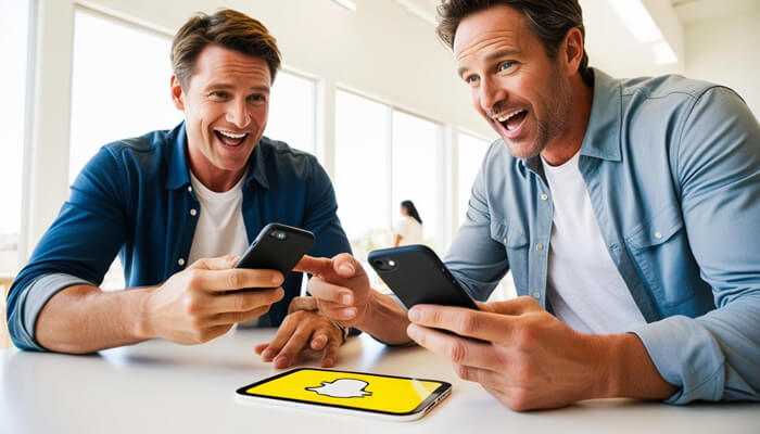 How does snapchat clipboard work - tycoonstory | tycoonstory media Two excited men using smartphones with a tablet displaying the snapchat logo, representing snapchat clipboard usage.