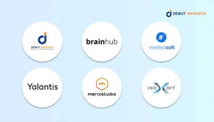 The 6 top custom software development companies in 2025 for you - tycoonstory | tycoonstory media Logos of the top 6 custom software development companies in 2025, including debut infotech, brainhub, intellectsoft, yalantis, merix studio, and inoxoft on a light blue background.
