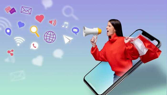 Ad | tycoonstory media A woman with a smartphone featuring social media icons, illustrating the concept of mobile performance advertising.