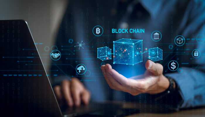Blockchain | tycoonstory media Blockchain technology as a key fintech example, representing secure digital transactions, with blockchain cubes and icons like bitcoin and dollar symbols.