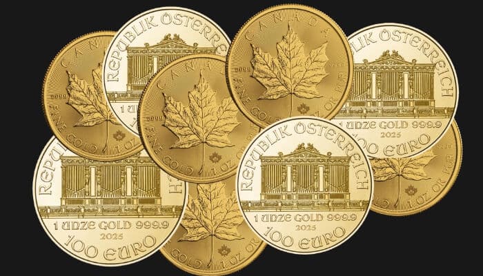 Country of origin and design | tycoonstory media A collection of 1 troy ounce gold coins, including the gold maple leaf and gold philharmonic, showcasing their design and purity.