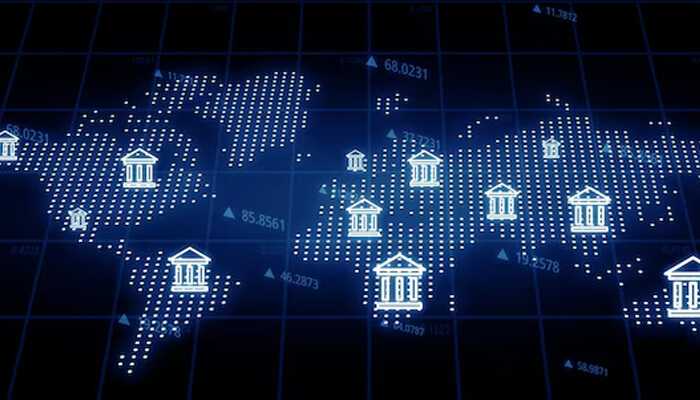 Finance and banking | tycoonstory media A global map with bank icons, illustrating the potential of data mesh architecture in finance and banking for decentralized data management and improved decision-making.