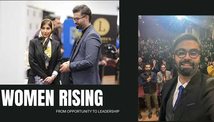 From opportunity to leadership | tycoonstory media Dr. Makan aryaparsa at "women rising" event, promoting youth and women's leadership.