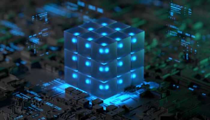 Future-proofing blockchain architecture | tycoonstory media 3d representation of blockchain architecture with glowing blue blocks, highlighting the technology's future-proof design and integration within digital systems.