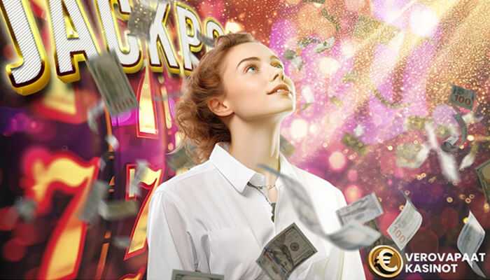 Jackpots | tycoonstory media A woman looking up at the jackpot in a classic casino atmosphere with money floating around, representing the thrill of winning at traditional casinos.