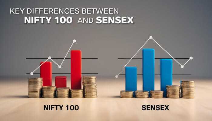Key differences between nifty 100 and sensex | tycoonstory media Visual comparison of the nifty 100 share price and sensex, showcasing the key differences between their market performances and trends.