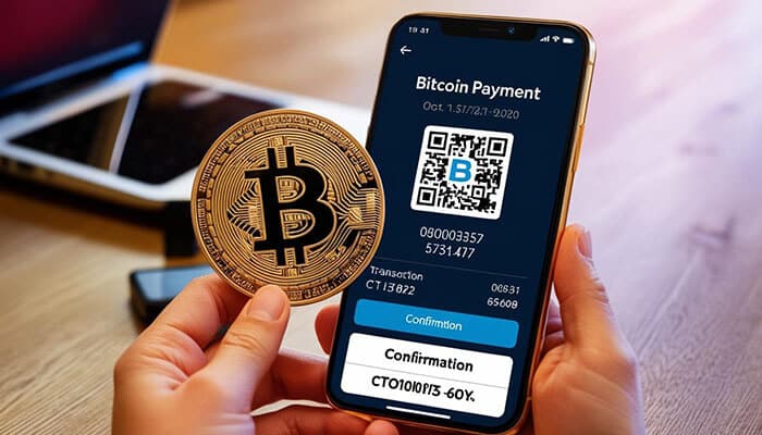 Key parameters of the good crypto payment processing - tyconstory | tycoonstory media Close-up of hands holding a bitcoin coin and a phone displaying bitcoin payment processing confirmation, representing modern crypto transaction methods.