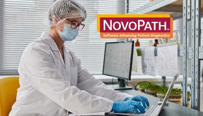 Lab webm | tycoonstory media Laboratory professional working on a laptop with novopath software advancing patient diagnostics.