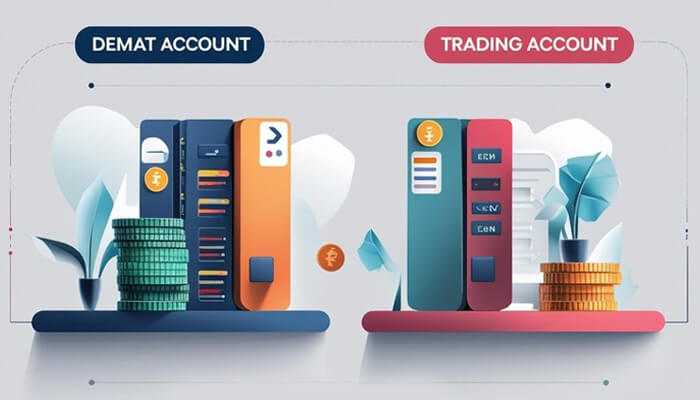 1demat account vs trading account | tycoonstory media An illustrated comparison of a demat account (blue) and trading account (red) with symbolic icons and currency stacks, representing the core differences in managing securities and trading.