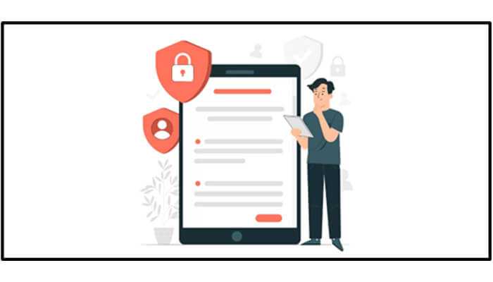 2 | tycoonstory media Illustration of a person reviewing information on a large tablet with security shields, showcasing privacy and security in ai ethics.