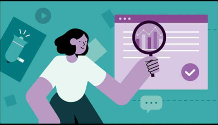 3 | tycoonstory media Cartoon-style image of a woman analyzing charts with a magnifying glass, symbolizing data analysis and ai ethics.