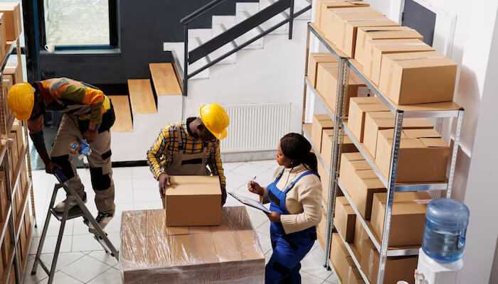 3 ways kitting and assembly services benefit e-commerce businesses | tycoonstory media Warehouse team performing kitting and assembly services by organizing boxes on pallets and shelves under the supervision of a manager with a clipboard.