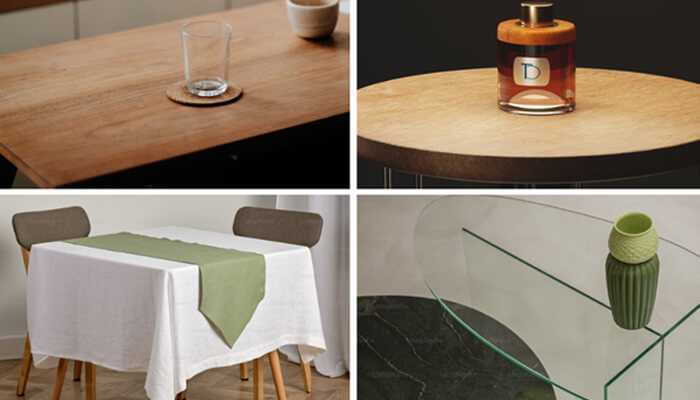 3 | tycoonstory media Different types of table tops including wooden, glass, and fabric-covered, showing various styles and materials ideal for home or office setups.