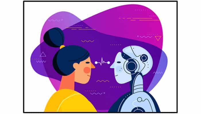 4 | tycoonstory media Creative illustration of a human facing a robot, representing human-ai interaction and ai ethics considerations.