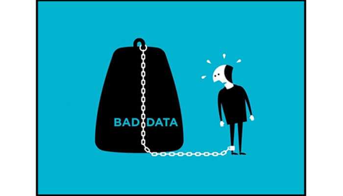 5 | tycoonstory media Illustration of a person chained to a heavy “bad data” weight, highlighting data issues in the context of ai ethics.