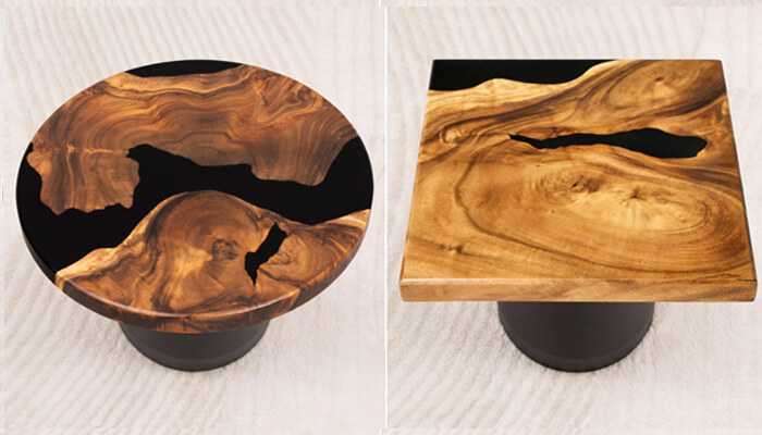 5 | tycoonstory media A round and square wood table top featuring a black resin river running through it, with a modern black base for a sophisticated look.