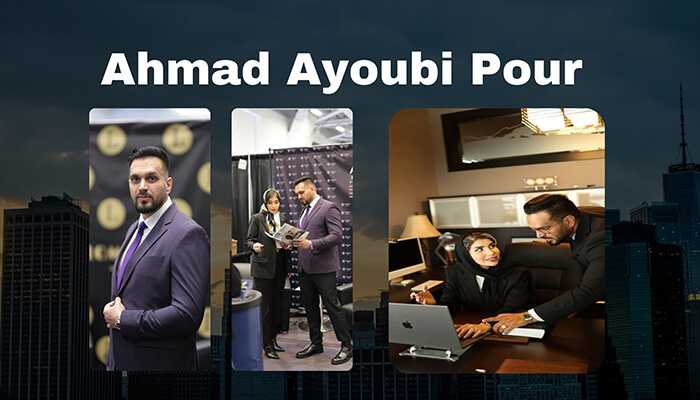 Ahmad ayoubi pour1 | tycoonstory media Ahmad ayoubi pour in a professional setting, shown in three moments—posing in a suit, discussing plans with his wife, and working at a desk, reflecting his role as a successful entrepreneur in vancouver.