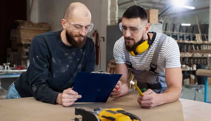 How smartsite supports the smart worker | tycoonstory media Two smart workers in a workshop reviewing plans, one holding a clipboard while the other prepares tools, showcasing teamwork and precision in a professional environment.