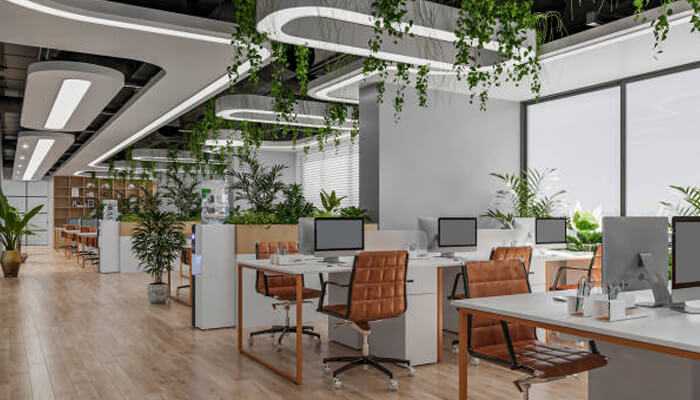 Optimize for natural light and eco-friendly materials | tycoonstory media Modern eco-friendly office space designed by office interior designers in hyderabad featuring greenery, natural light, and ergonomic furniture.