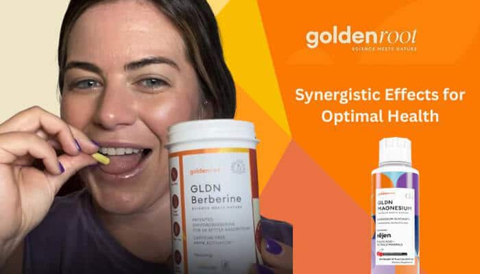 Synergistic | tycoonstory media A woman holding golden root berberine supplements and taking a capsule, promoting the synergistic health benefits of magnesium and glp-1 supplementation.