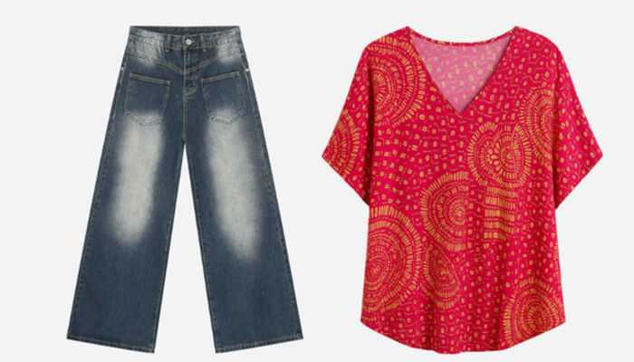 Building transparency in operations | tycoonstory media A stylish outfit featuring wide-legged denim jeans and a vibrant red patterned top, ideal for a fashion dropshipping store focusing on casual yet chic styles.