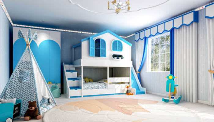 Bunk bed with built-in storage 1 | tycoonstory media Coolest bunk bed designed like a small blue and white house with a slide, set in a brightly decorated children’s room.