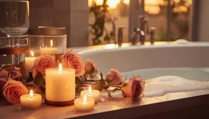 Candle and bath combo for full relaxation | tycoonstory media Evening routine with candles: relaxing candle-lit bath surrounded by roses, creating a serene atmosphere for winding down at sunset.